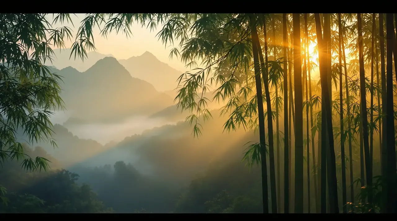 青青草影视 首页背景 - 晨雾中的东方竹林与远山